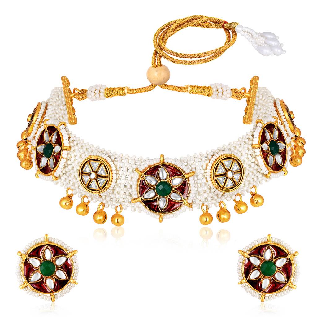 Peora Gold Plated Maroon Green Kundan & Beads Studded Necklace Stud Earrings Ethnic Jewellery Set For Women & Girls : PF104N05MG
