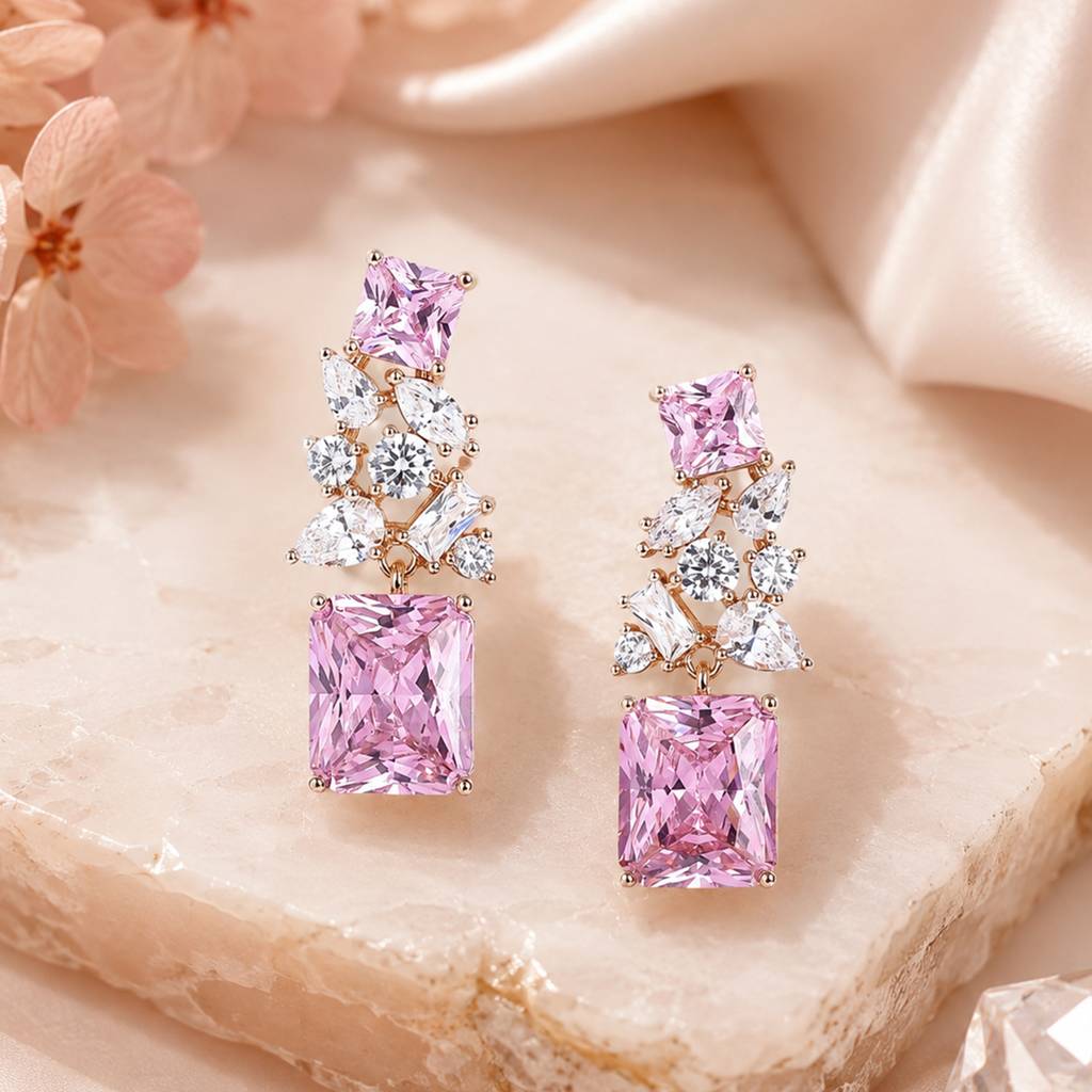 Rosegold Plated Pink Crystal Drop Earrings | Glam Chic Statement Style For Women : CXP-025-RG-ER