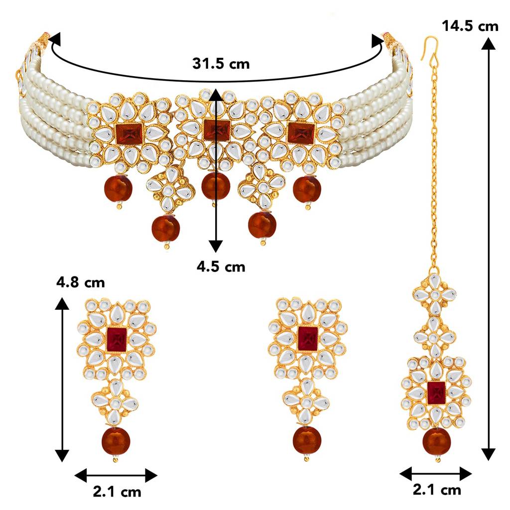 Gold Plated Pearl Beaded Adjustable Choker Necklace With Earring Maang Tikka Jewellery Set For Women : PF37N224WM
