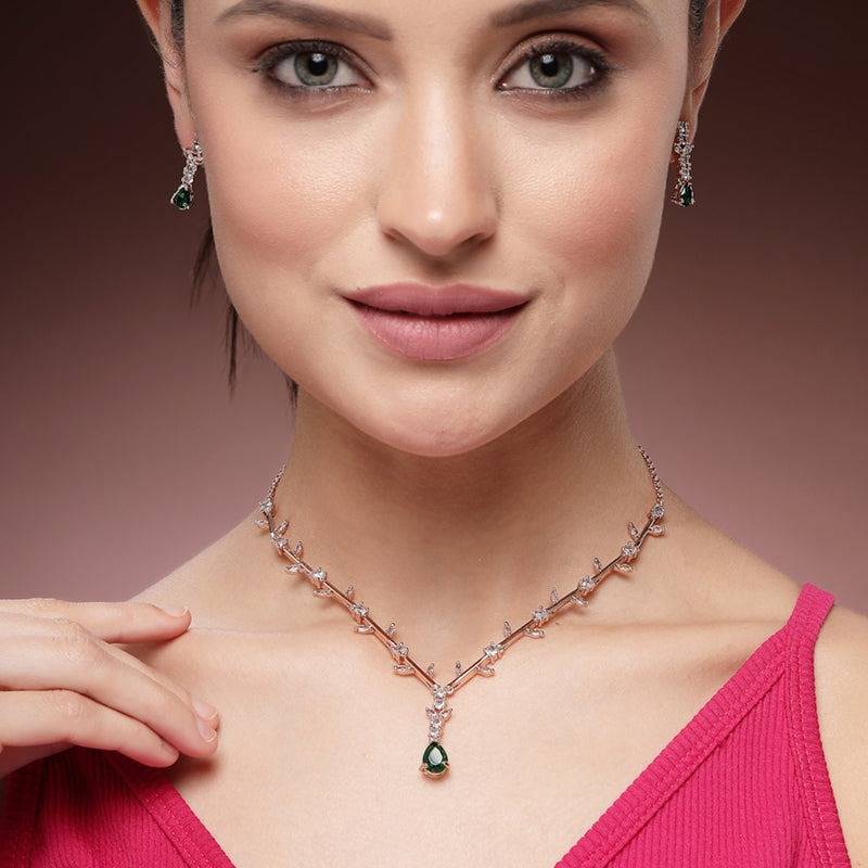 Refined American Diamond Teardrop Vine Leaf Motif Necklace Set– Lightweight Signature Jewelry For Bridesmaid : AD-854-RGGNNKER