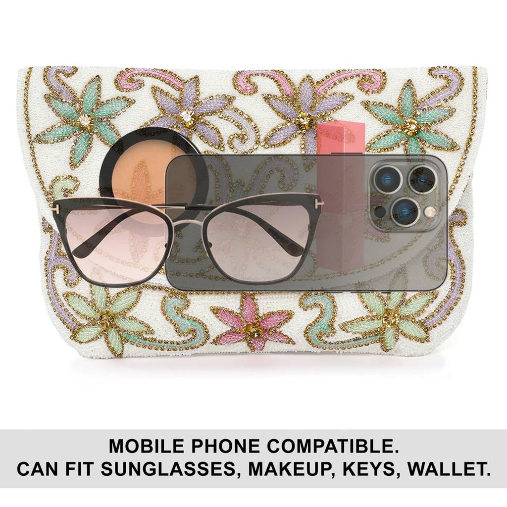 White Floral Clutch Bag Ethnic Purse For Women & Girls : C182W
