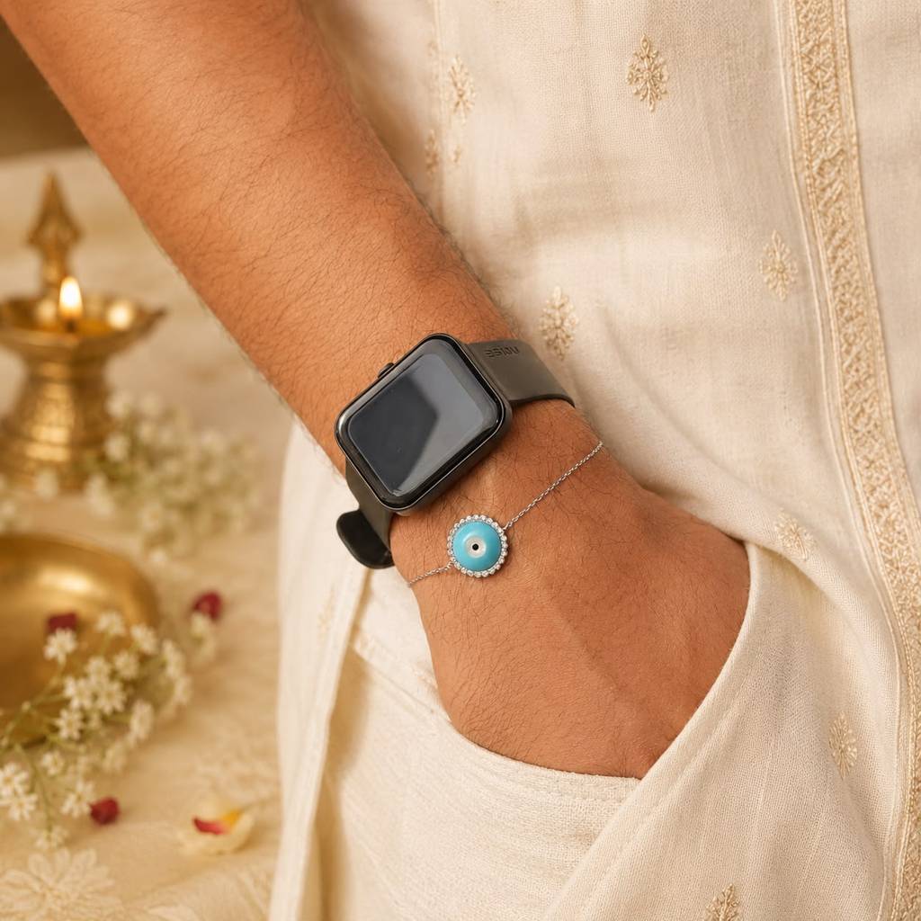 Twenty One Jewels Pure 925 Silver Evil Eye Rakhi Cum Bracelet For Brother ( Free Size With Extension Links ) : TB4184_E