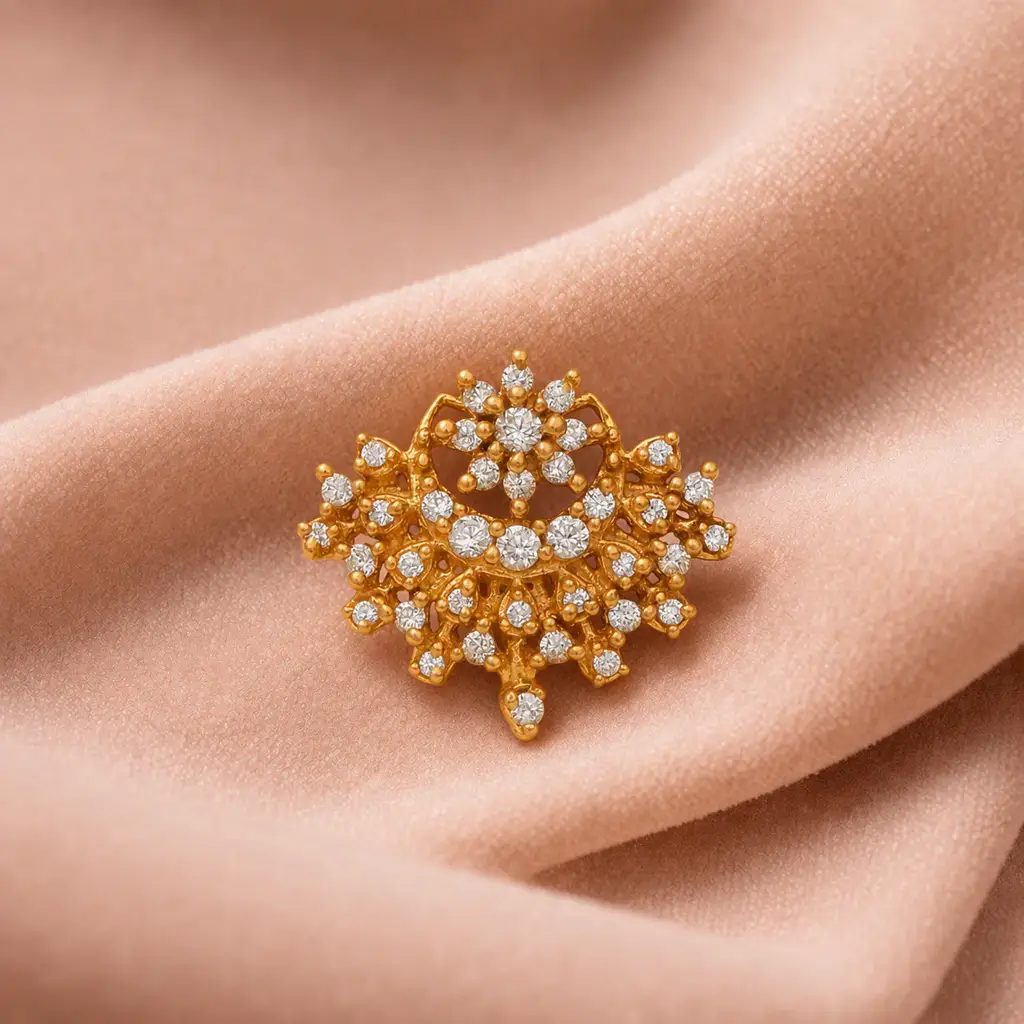 Gold Plated White Cz Traditional Nose Pin - Floral Filigree Statement Design : NP-00179_SW277_925S_YG_WCZ