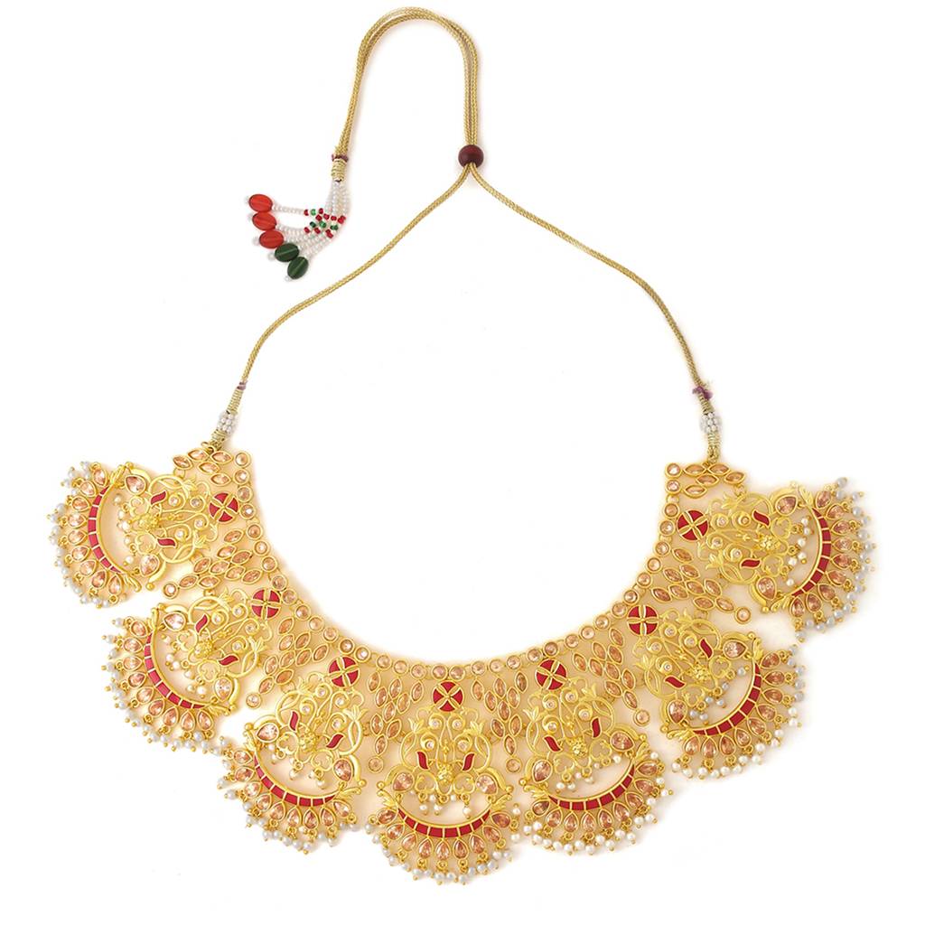Apsara Bridal Red Enamelled With Pearl Traditional Golden Bridal Set : 8905124429763
