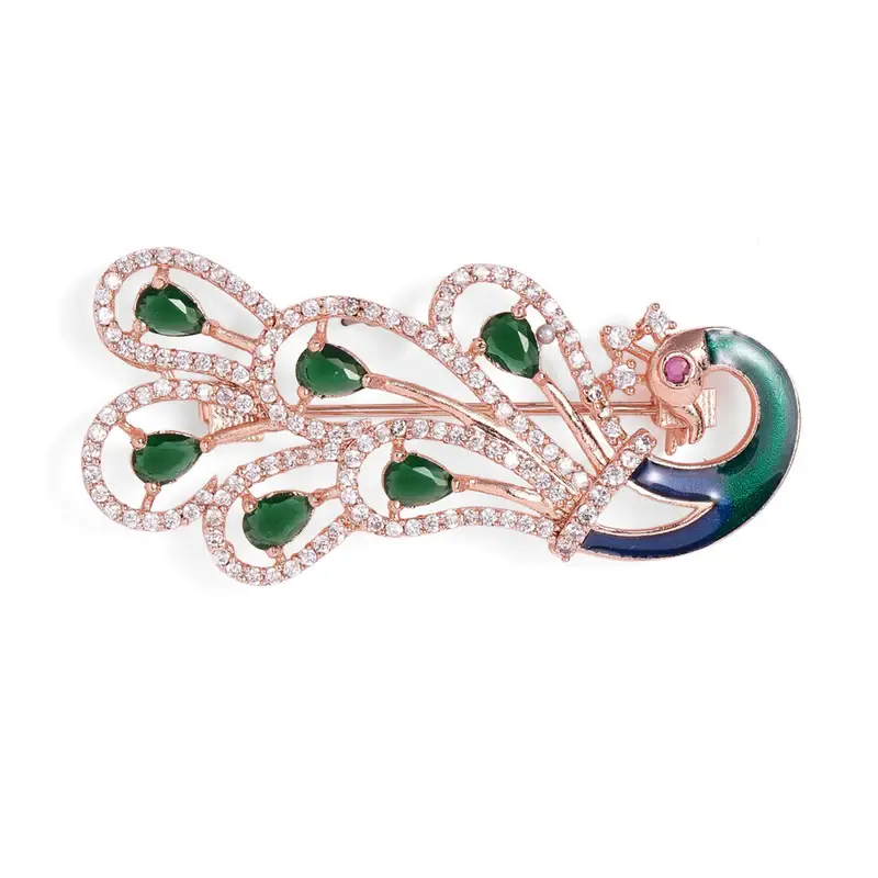 Cz Statement Peacock Feather Brooch Pin For Women |Wedding Wear : AD-005-RGGN-BROOCH