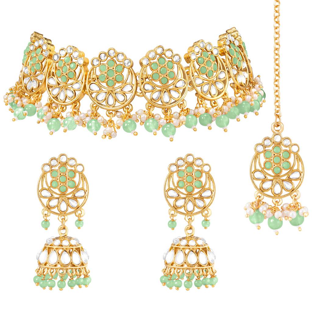 Peora Traditional Gold Plated Mint Kundan Choker Necklace Jhumki Earring & Maang Tikka Ethnic Jewellery Set Gift  : PF24N73MNT