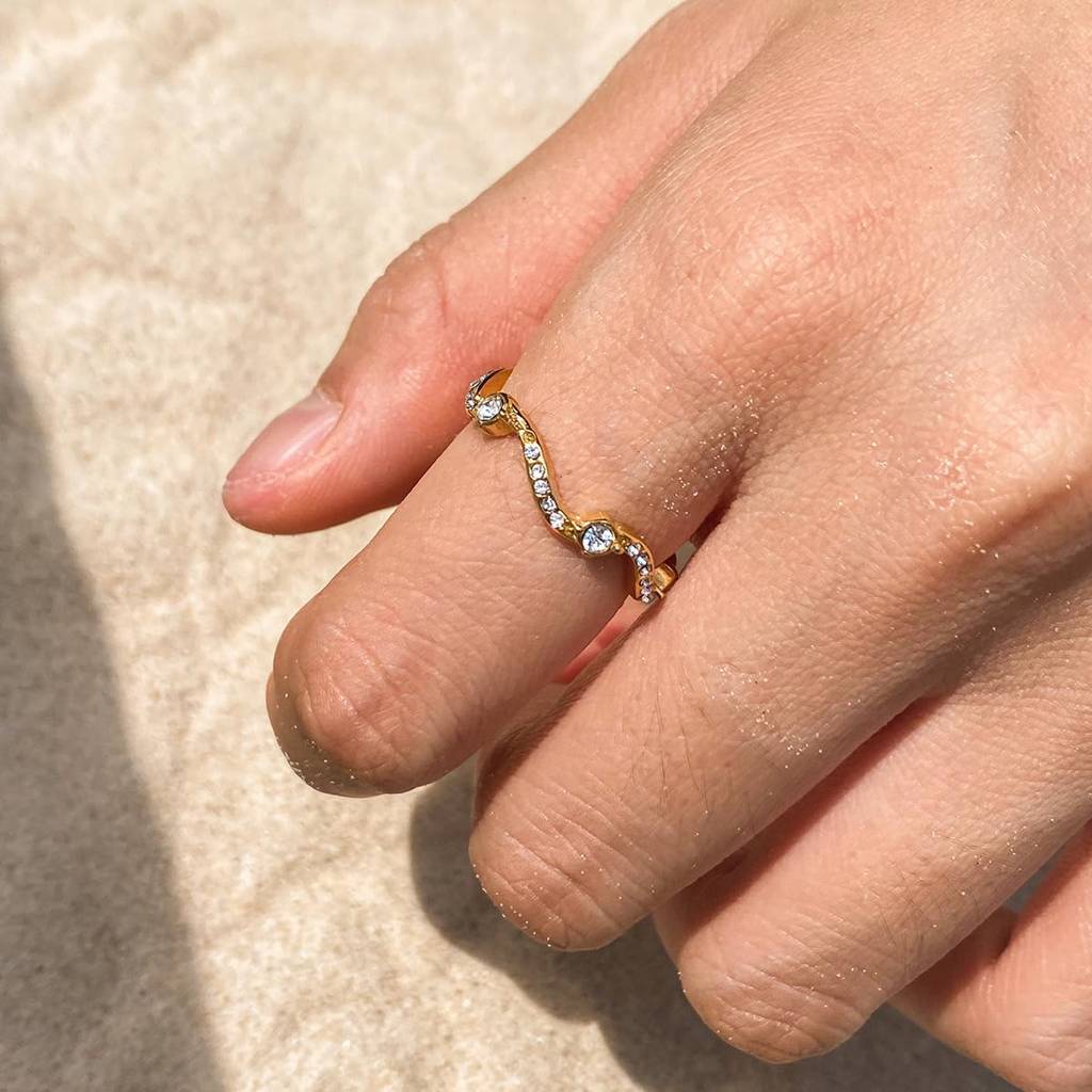 Golden Stainless Steel Ring For Women | 18K Gold Pvd Plated With Cubic Zirconia | Premium Elegant Wavy Design Adj : R0304018-7