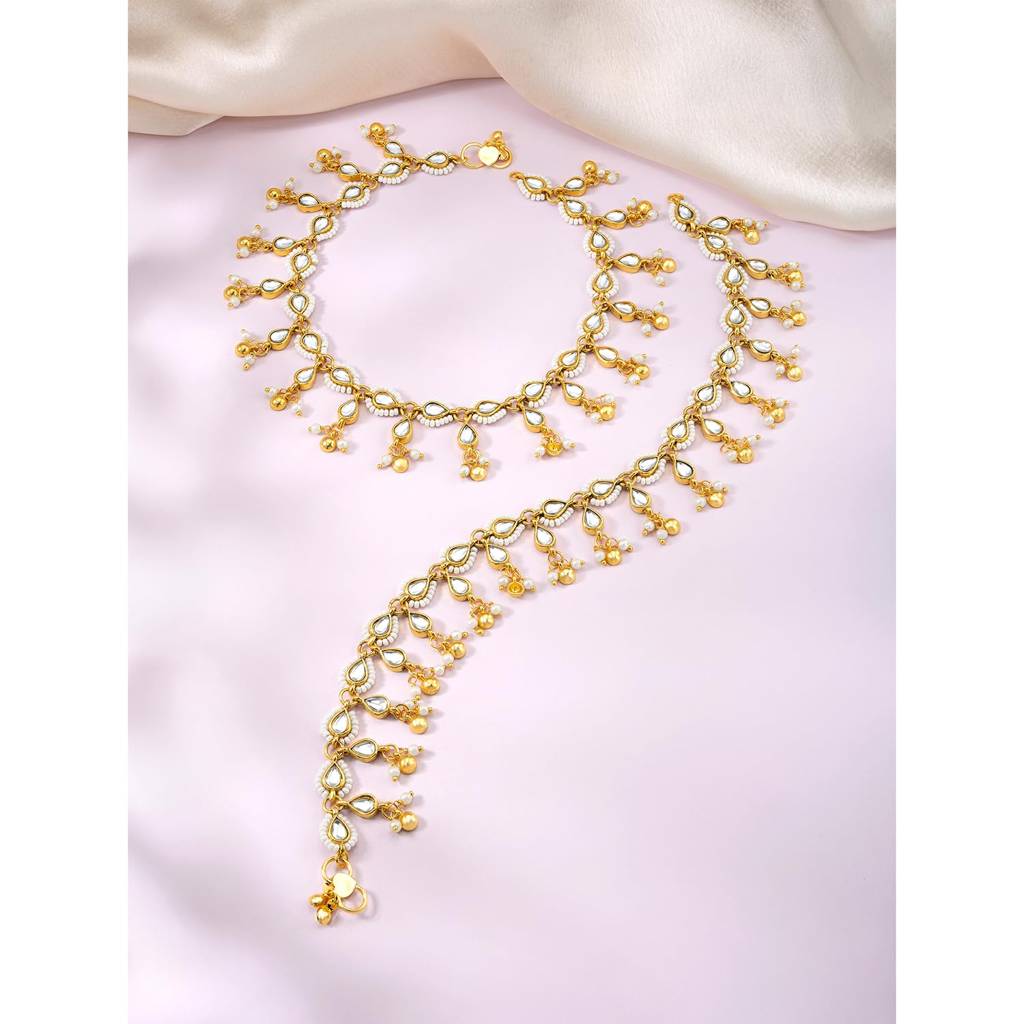 Gold Plated White Kundan & Beads Studded Ethnic Anklet Traditional Payal Jewellery For Women : PF104AL03W