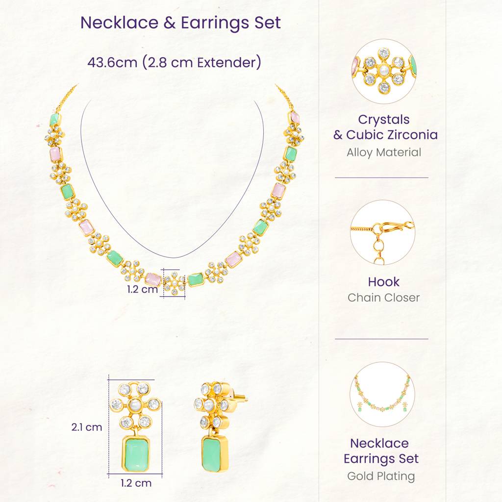 Women'S Gold Plated Mint Pink Necklace Earrings Set Crystals & Cubic Zirconia Studded Festive Bridal Jewellery : PF104N26MNTPK