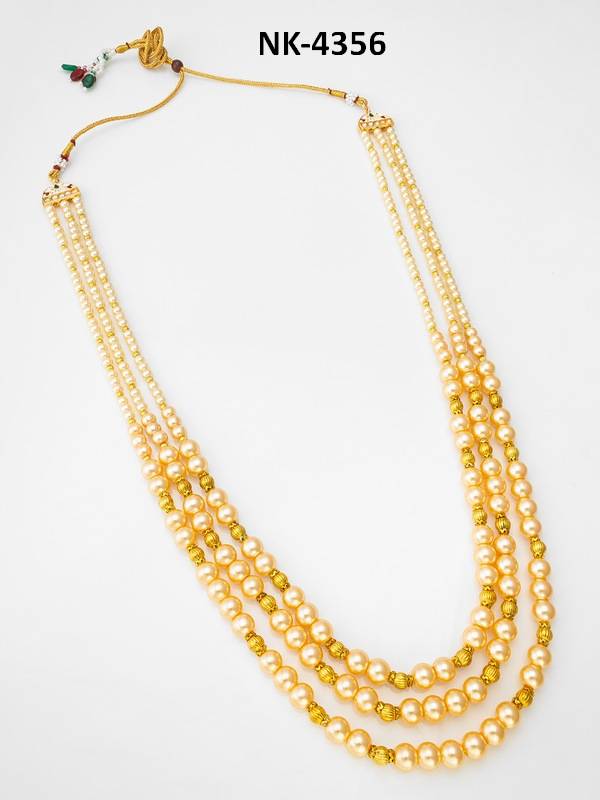 Four-Strand Graduated Golden Pearl And Gold Bead Long Necklace : NK4356