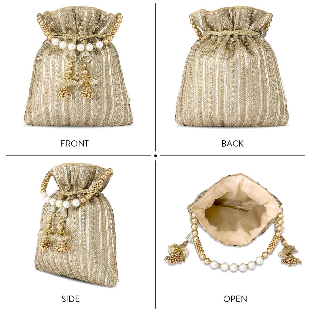 Potli Purse For Women Handmade Evening Handbag Stylish Bridal Fashion Wristlet Bag For Girls (P163G) : P163G
