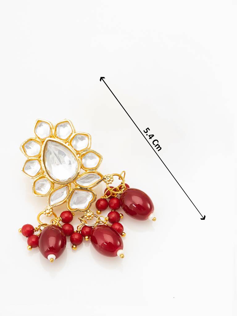 Red Kundan Meenakari Long Necklace Set With Cream Pearl Beads And Ruby Drop Earrings For Wedding Special : NK4094