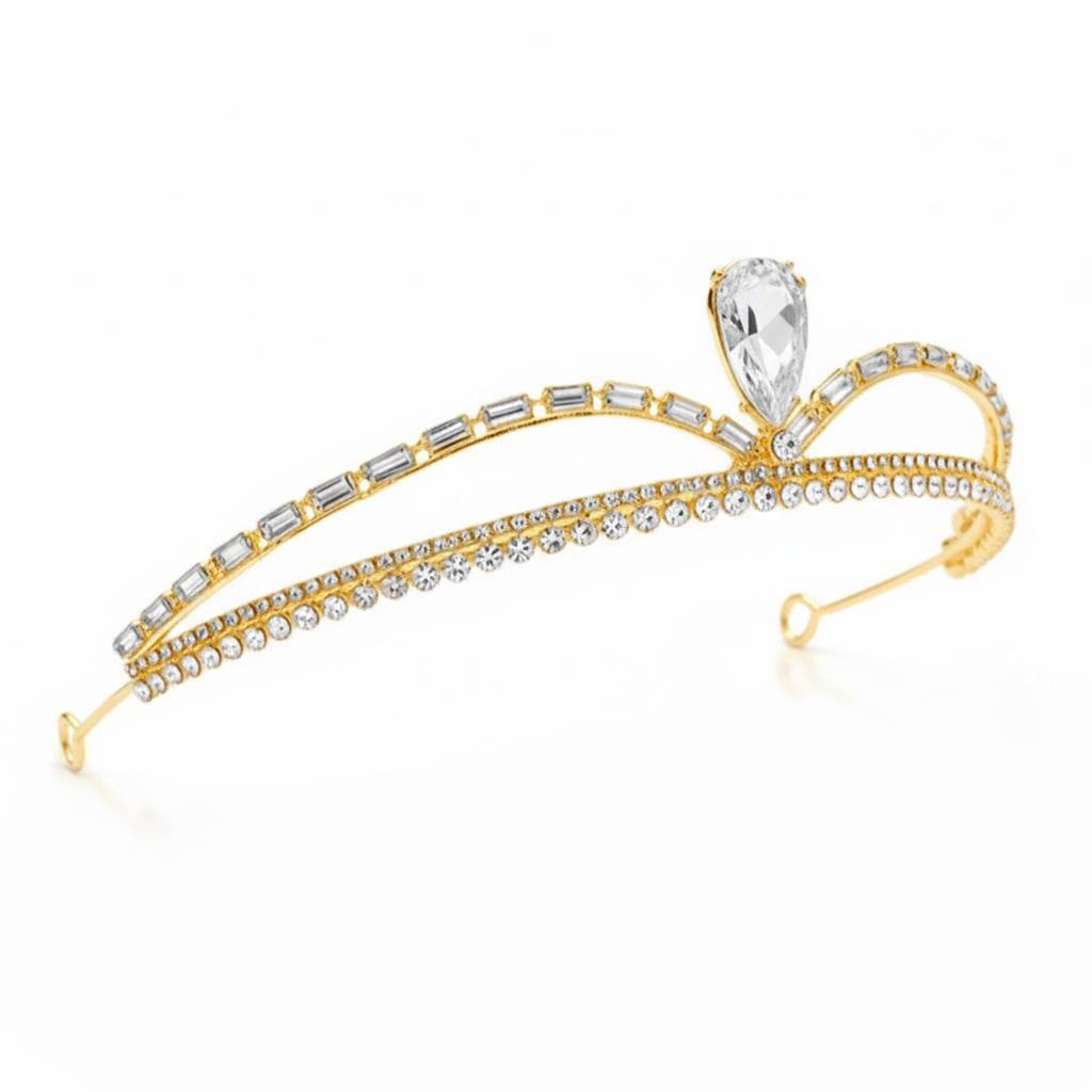 Cubic Zirconia & Crystals Studded Gold Plated Tiara Crown Head Accessories Fashion Jewellery For Women & Girls : PX9CW10G
