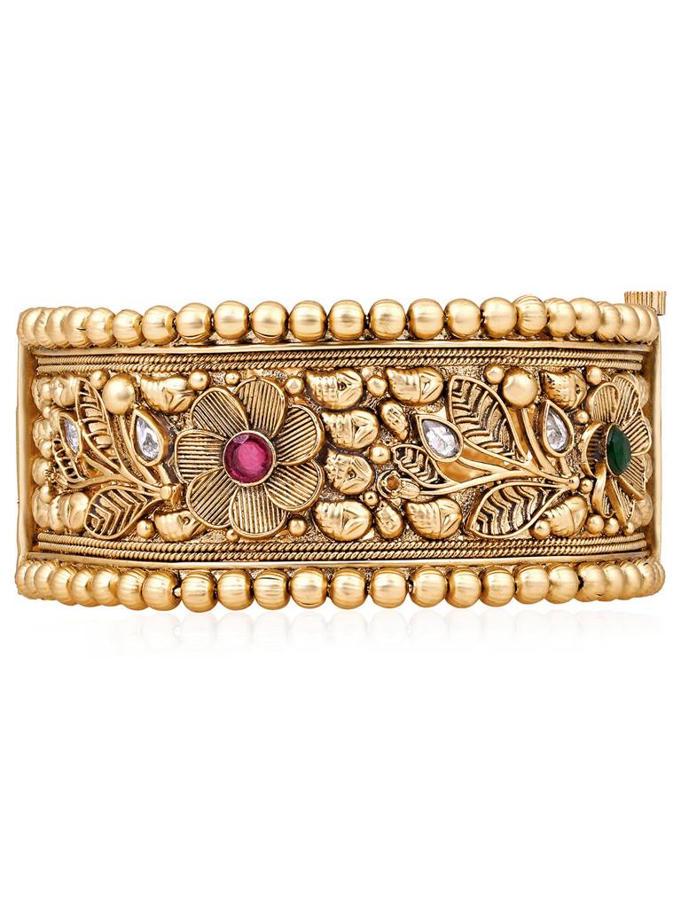 Peora Gold Plated Synthetic Stone Studded Thick Single Piece Openable Floral Design Kada Bangle Traditional Jew : PF74B90-S1-4