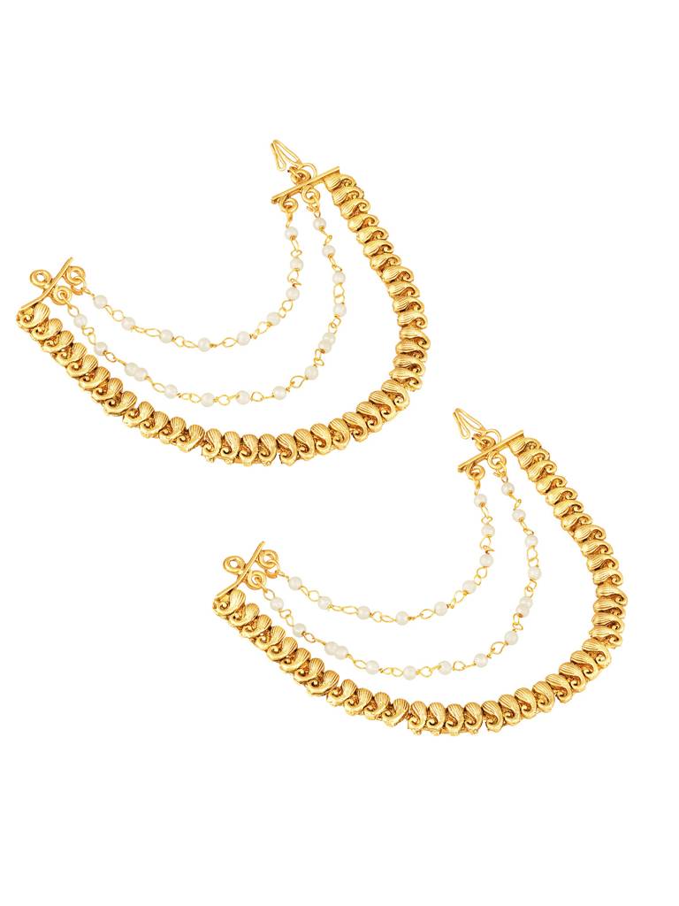 Peora Gold Plated Paisley Design Pearl Studded Layered Traditional Earring Chain Jewellery For Women : PF47EC01W