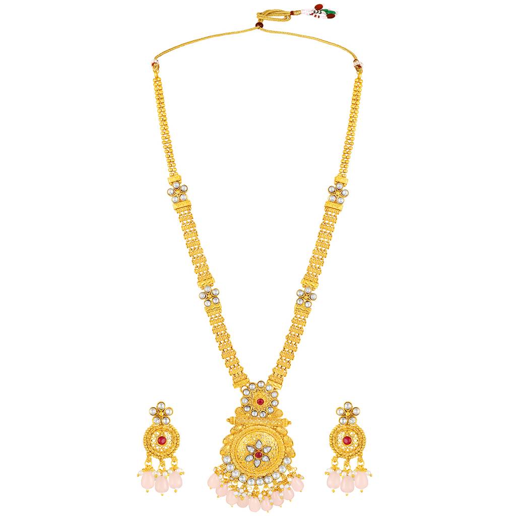 Ethnic Long Necklace Earrings Set For Women & Girls | Gold Plated | Kundan & Beads Studded | Maharani Haar South I : PF04N08RP