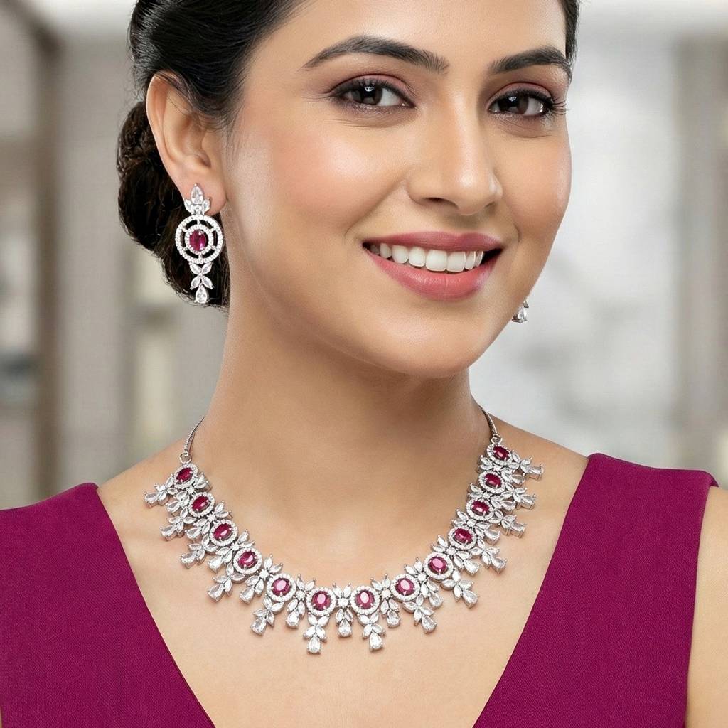 Silver-Tone American Diamond Necklace Set With Earrings For Women – Office, Party & Wedding Wear : 1717-K4SA-2242-R-S