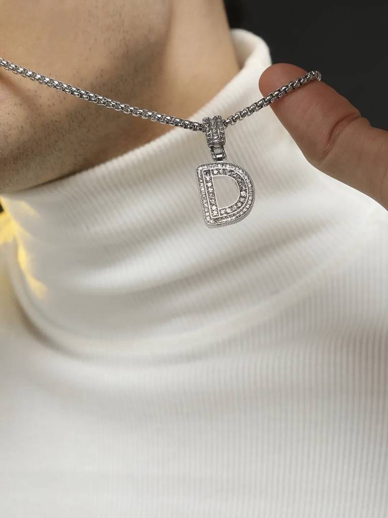 Men'S Embellished Alphabet Pendant Necklace - Silver : FANC1071-D