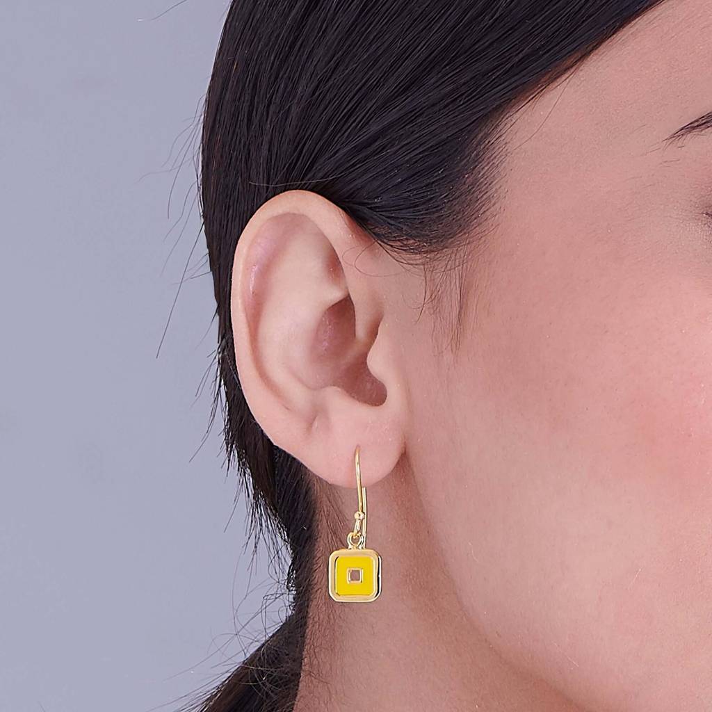 Yellow Squares 925 Sterling Silver Drop Earrings- Golden : NERYY00500111