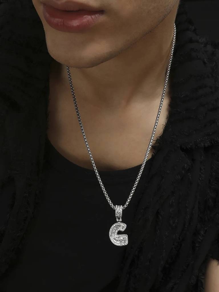 Men'S Embellished Alphabet Pendant Necklace - Silver : FANC1071-G