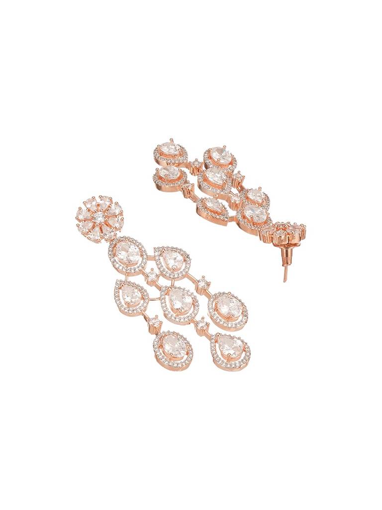 Rose Gold Toned White Zircon Ad Studded Statement Chandelier Drop Earrings : SJER2980
