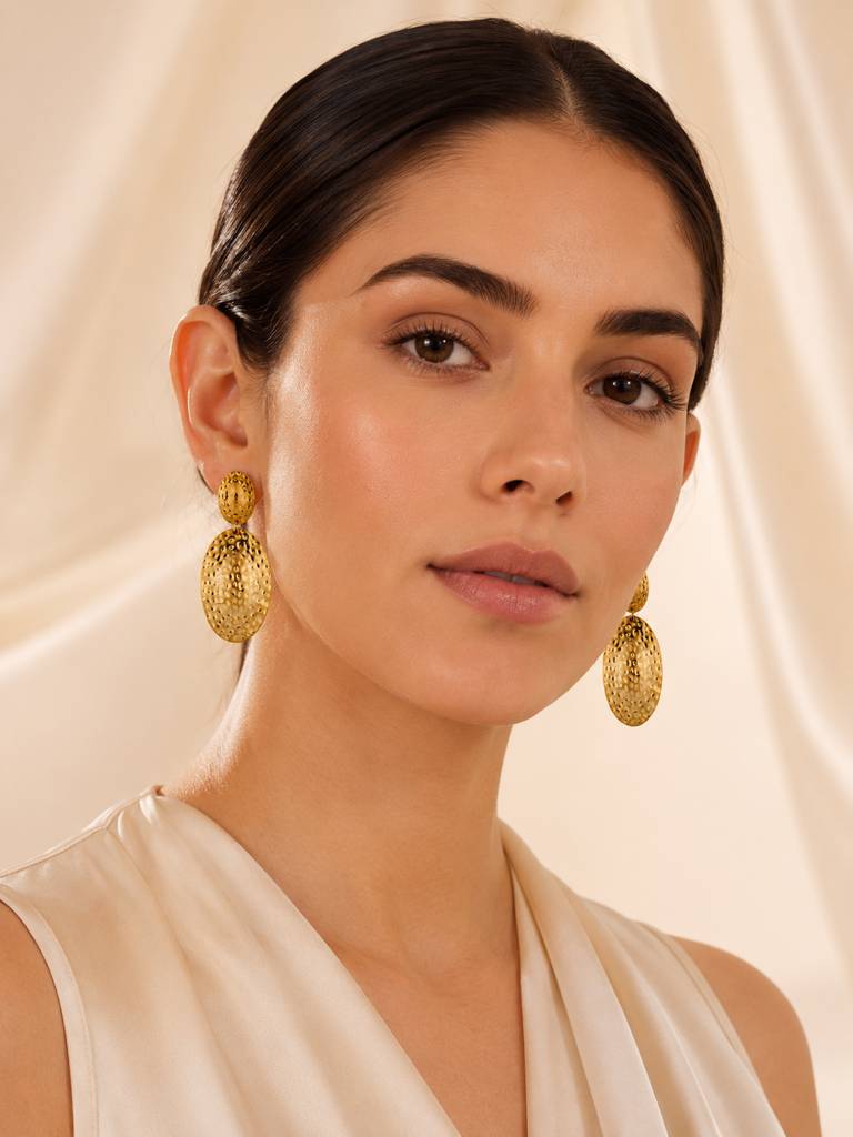Textured Gold Oval Statement Earrings : AN-LJ-GO-0090-DE
