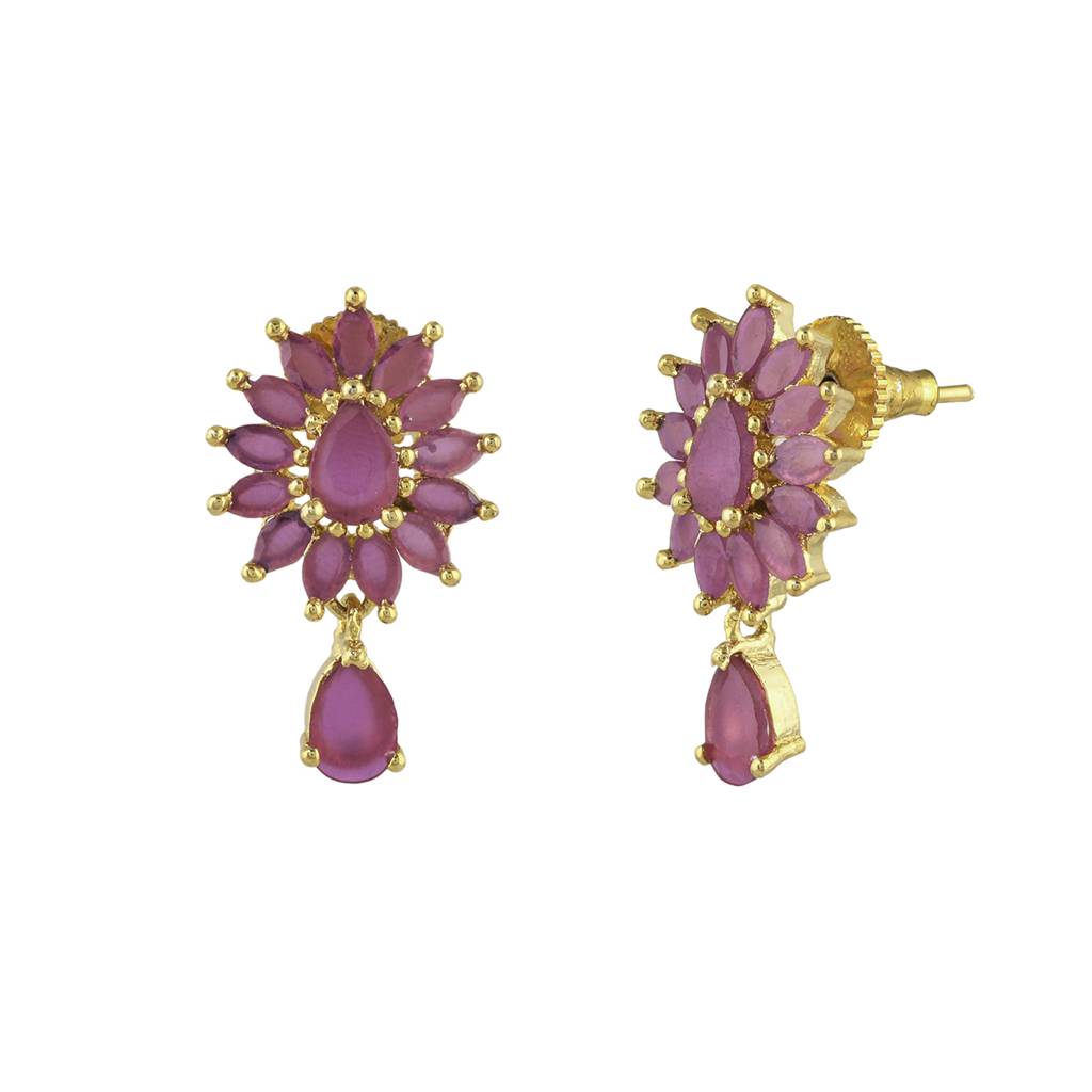 Sparkling Elegance Floral Teardrop Cut Zircons Adorned Gold Plated Drop Earrings : 8905124472325