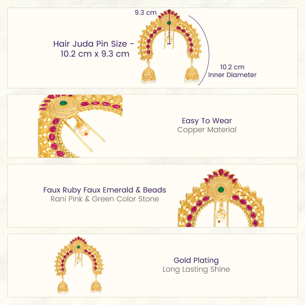 Ethnic Hair Juda Pin Brooch For Women & Girls Gold Plated Faux Ruby Emerald & Beads Studded Festive Bridal Jewel : PF04HJ09RPG