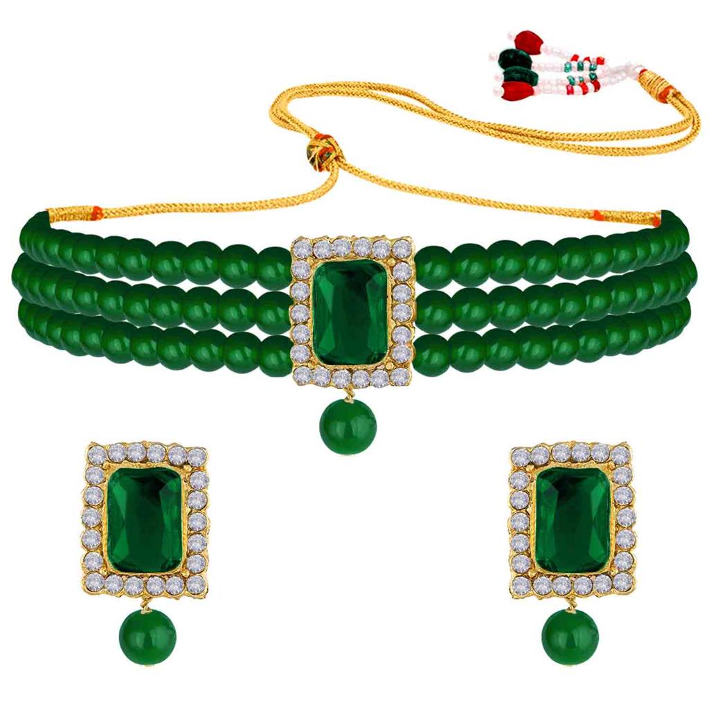 Peora Gold Plated Indian Traditional Crystal Pearl Beaded Choker Necklace Jewellery Set For Women : PF24N02G-1
