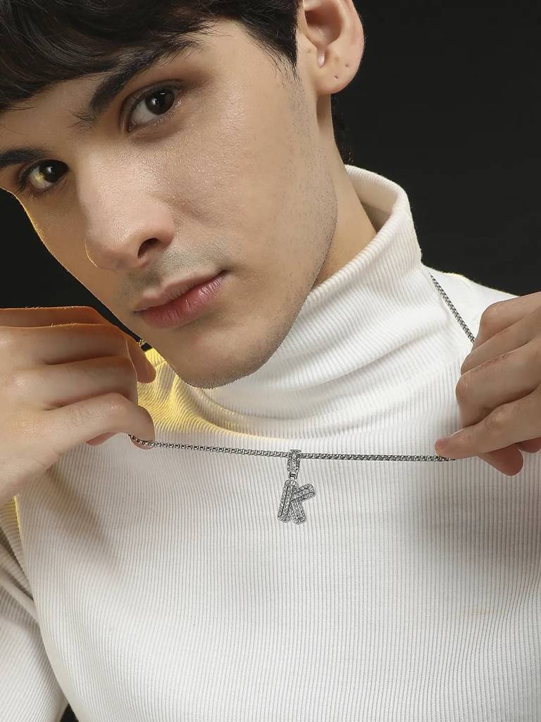 Men'S Embellished Alphabet Pendant Necklace - Silver : FANC1071-K