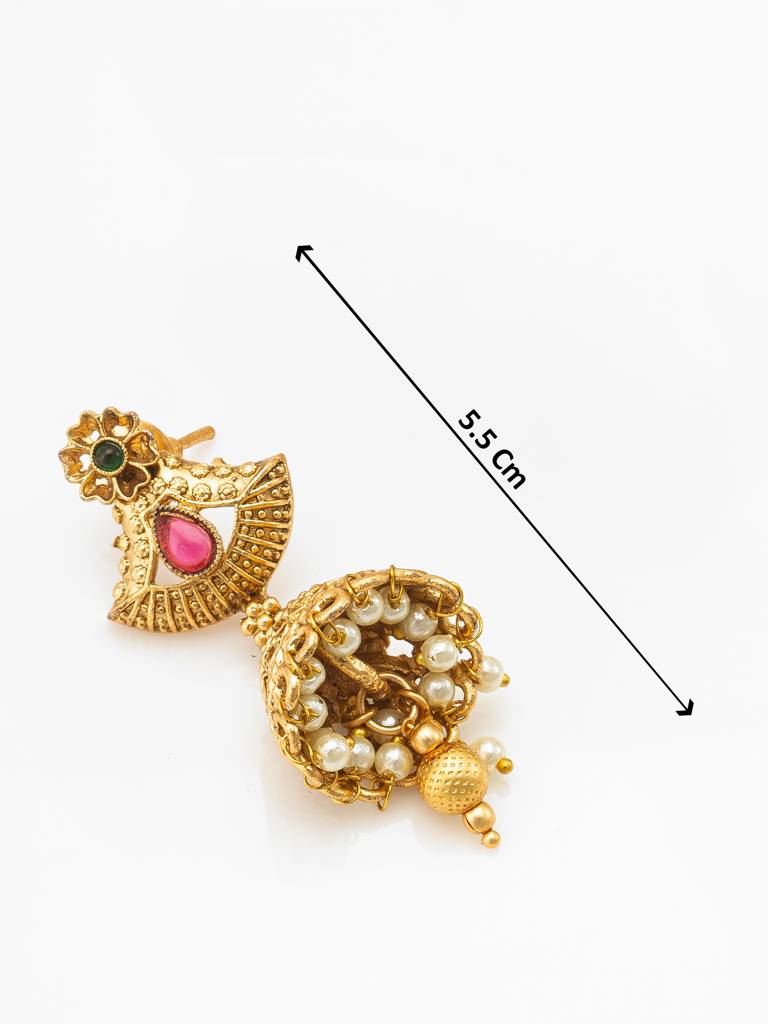 Wedding Wear Antique Gold Temple Long Necklace Set With Beads, Stones And Jhumka Earrings : NK4097