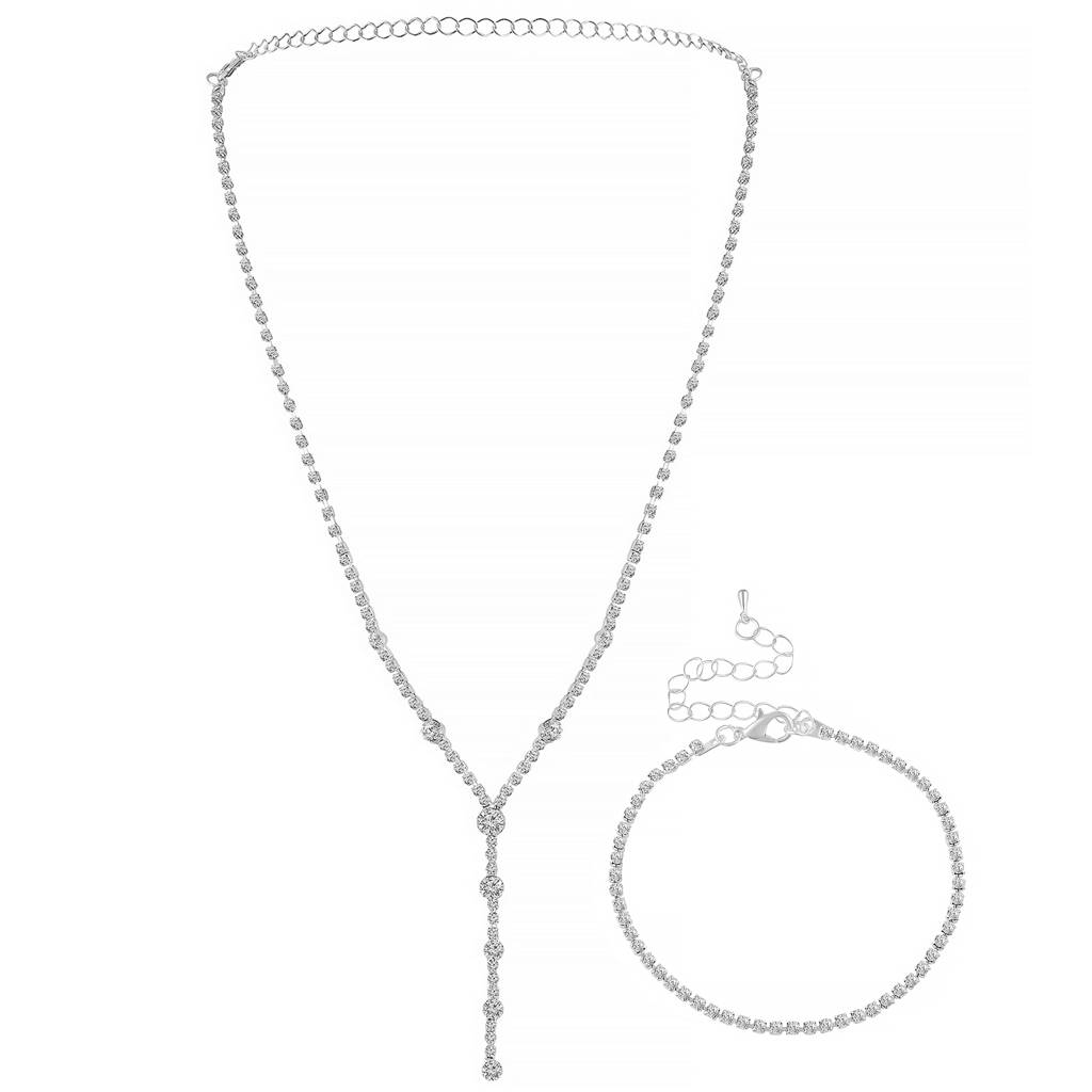 Stylish Necklace & Bracelet Set For Women & Girls | Silver Plated | Cubic Zirconia & Crystals Studded | Fancy Conte : PX9N151S