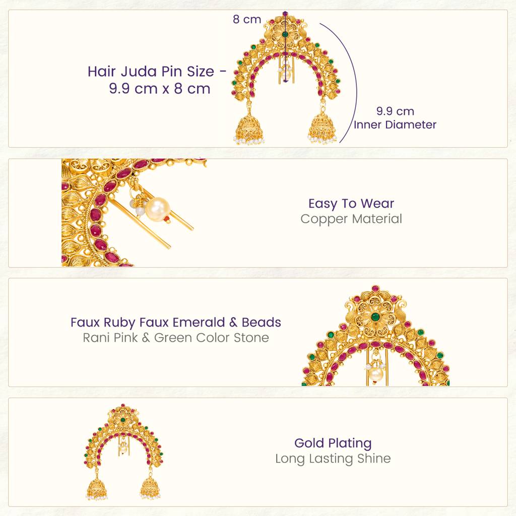 Ethnic Hair Juda Pin Brooch For Women & Girls Gold Plated Faux Ruby Emerald & Beads Studded Bridal Festive Jewel : PF04HJ12RPG