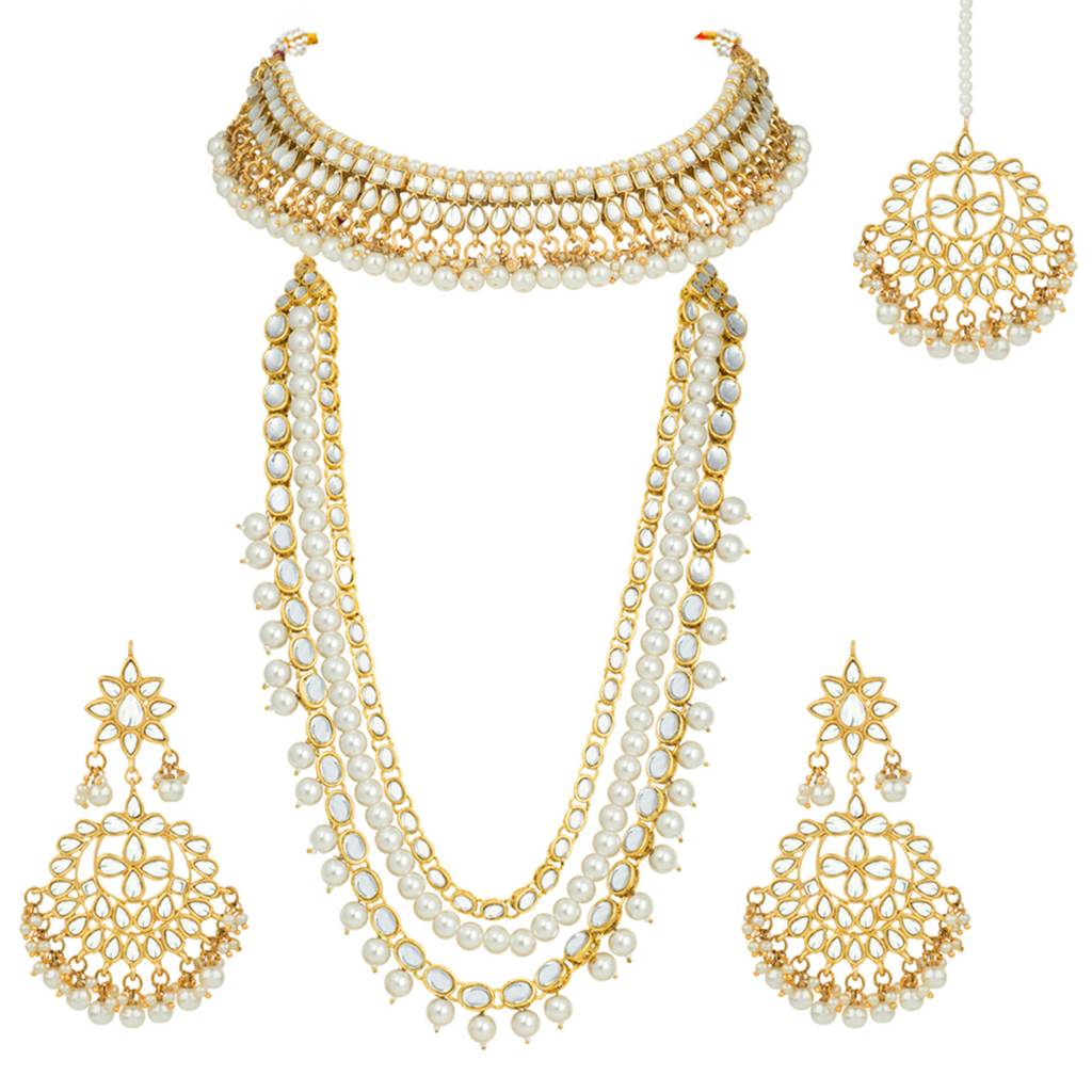 Peora Indian Traditional 18K Gold Plated Kundan Faux Bead Choker Long Necklace Earrings Maang Tikka Jewellery Bri : PF25BR001W