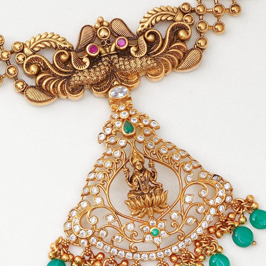 Gold Plated Lakshmi Pendant Necklace With Emerald Beads For Women : skn26m8967