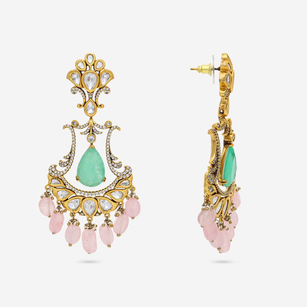 Pink-Mint Victorian - Plated Bridal Kundan Earring - 458634 : 458634