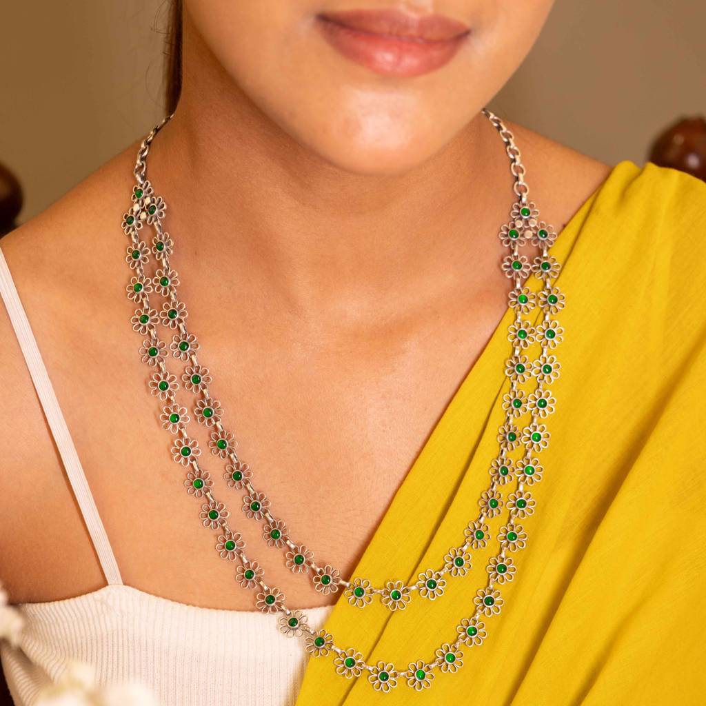 Tattva Carved Flower Two Layered Green Necklace : SN203039