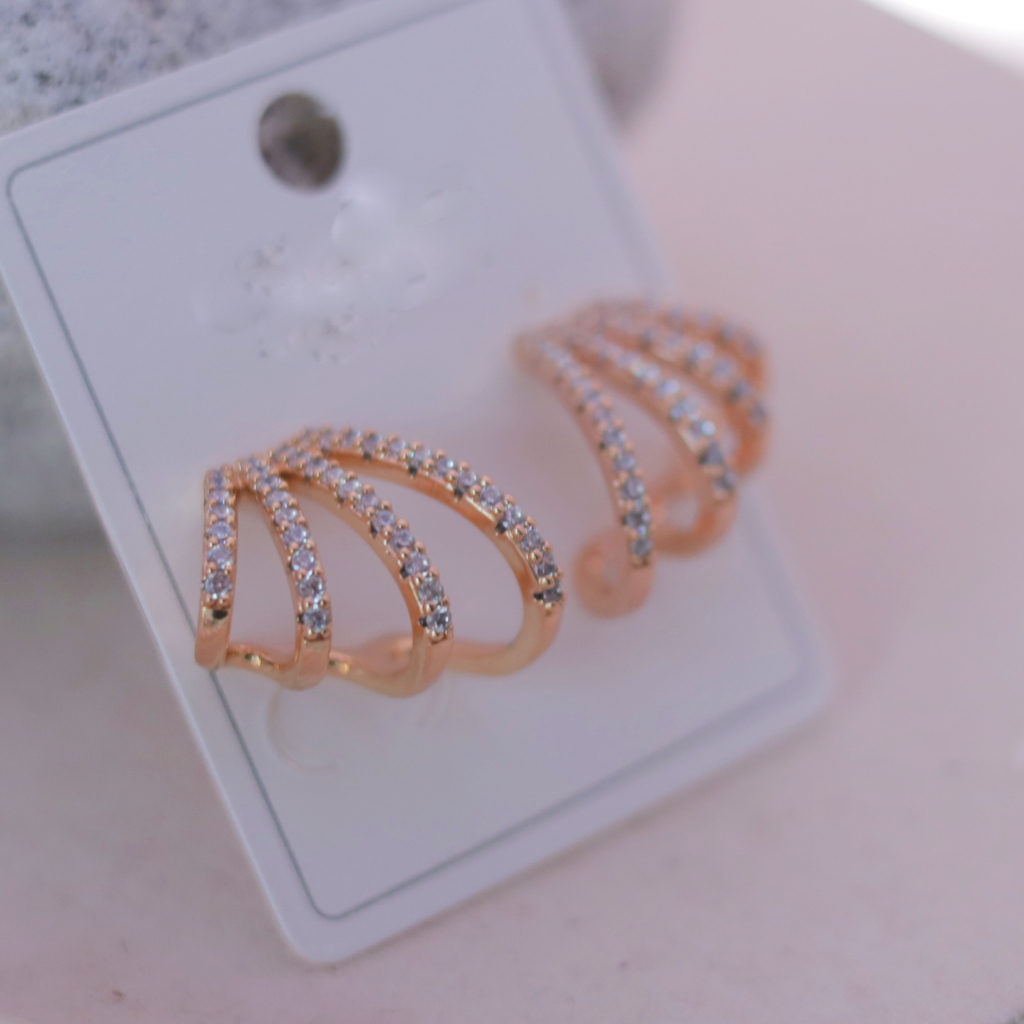Rose Gold Triple-Band Pave Cubic Zirconia Ear Climber Earrings : RB-27A