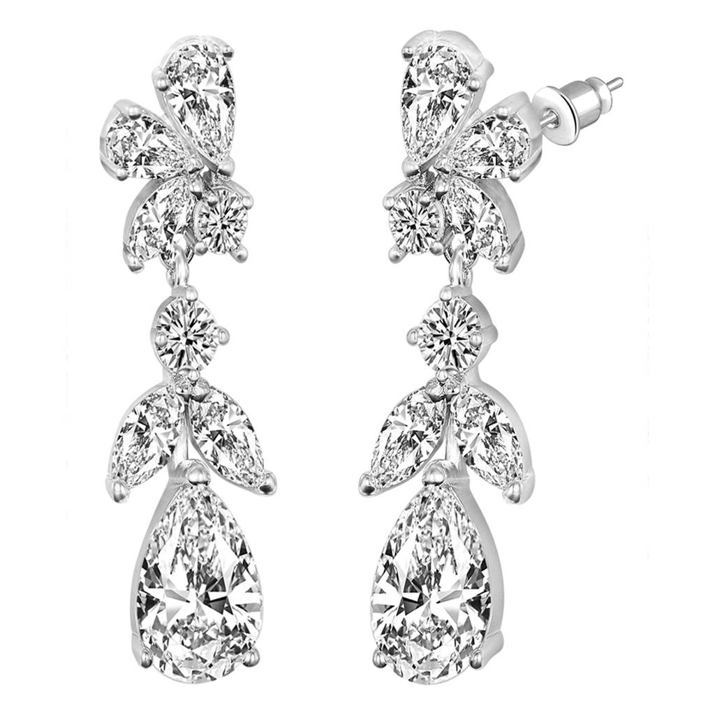 Silver Plated Cubic Zirconia Studded Floral Style Drop Earrings Push Back Fashion Jewellery For Women & Girls : PX8E184