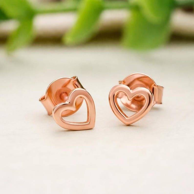 925 Silver Heart Stud Earrings Rose Gold Finish Dainty Love : SE_000912