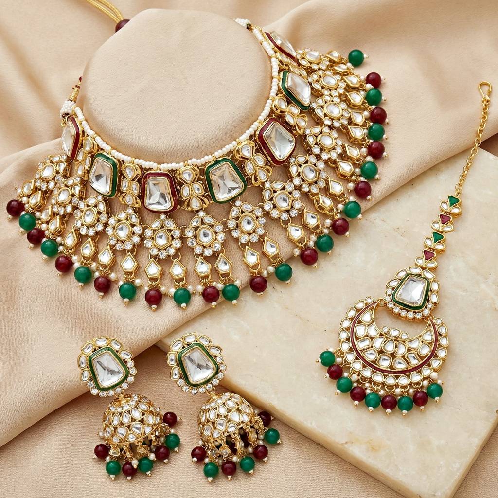 18 Kt Gold Plated Bridal & Semi-Bridal Necklace Set With Earrings, Maang Tikka & Nath : 2476-M8SK-1101-MG
