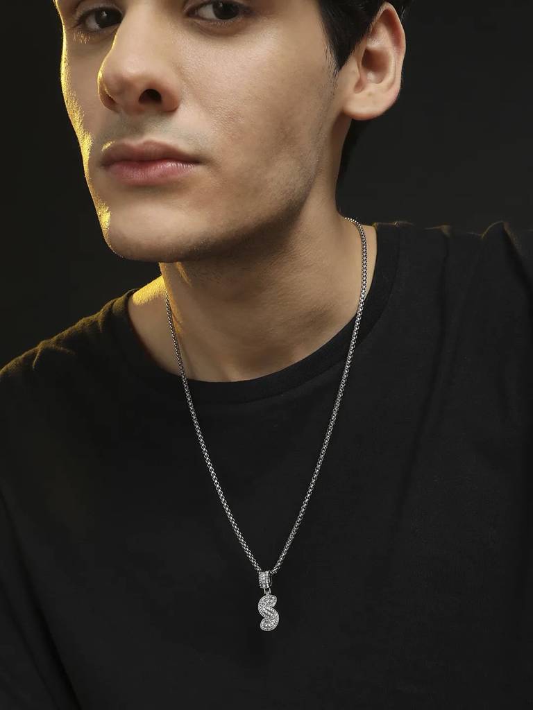 Men'S Embellished Alphabet Pendant Necklace - Silver : FANC1071-S