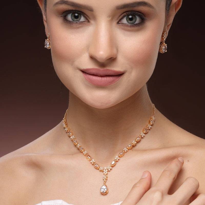 Eternal Shine: Exquisite Gold Plated American Diamond Teardrop Necklace Set – Featherlight Luxury Jewelry Fo : AD-836-IGWENKER