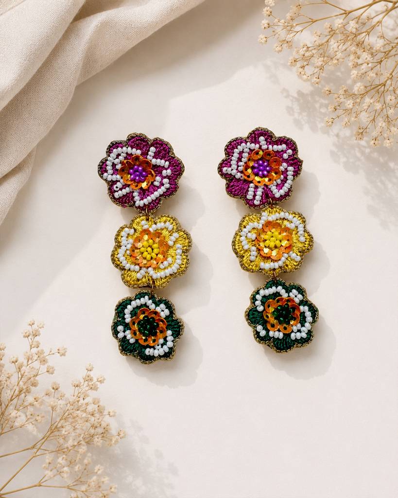 Pink, Green & Yellow Flower Dangler Handmade Earring : ERTF091