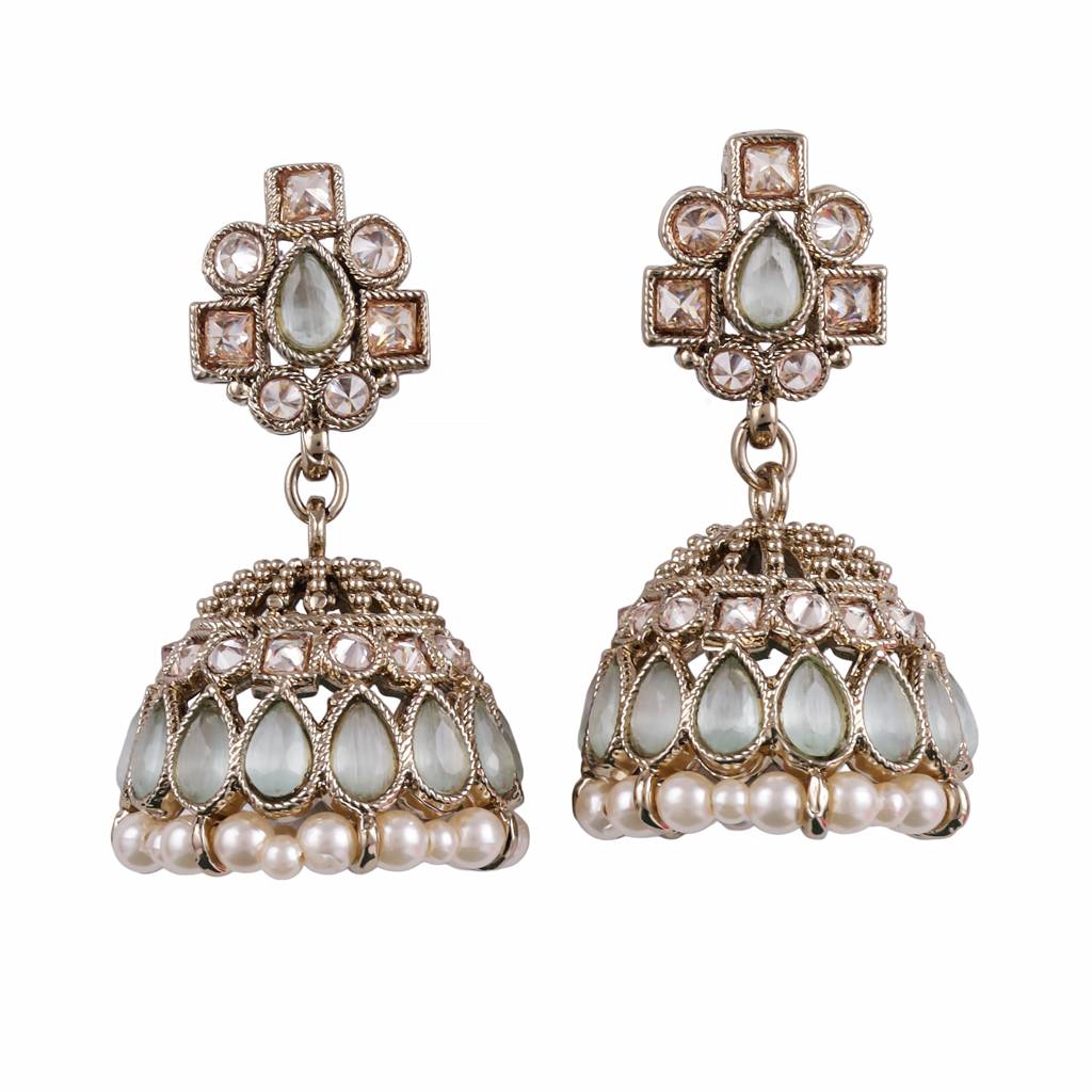 Designer Oval Shape Sky Blue Uncut Kundan Stone Antique Gold Plated Jhumki Earring For Women And Girls : 6JE40_SkyBlue_MD