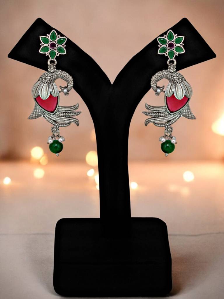 Oxidised Silver Celebrity-Inspired Earrings For Girls & Women | Peacock Earing Set : 390-KEO-14042-RG-S