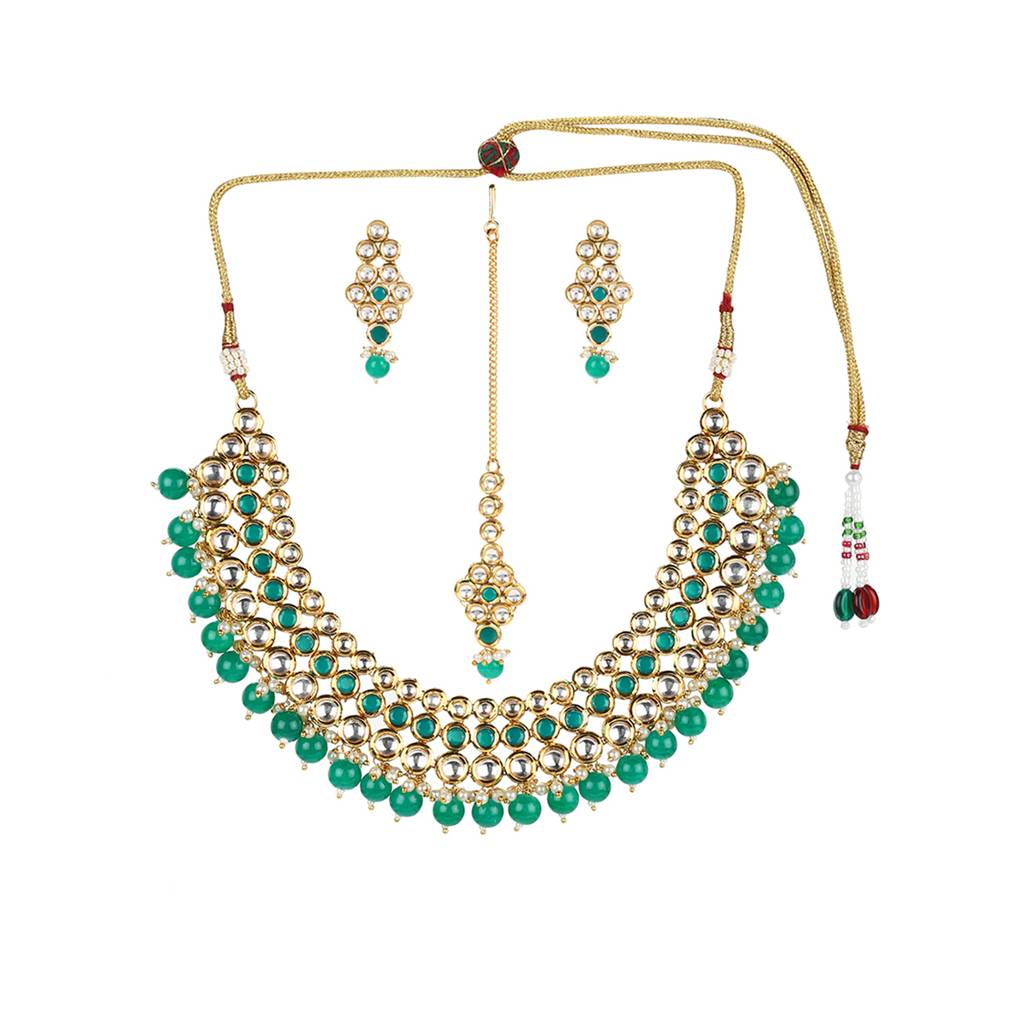 Kundan Gold Plated Green Beads Necklace Set : 8905124438017