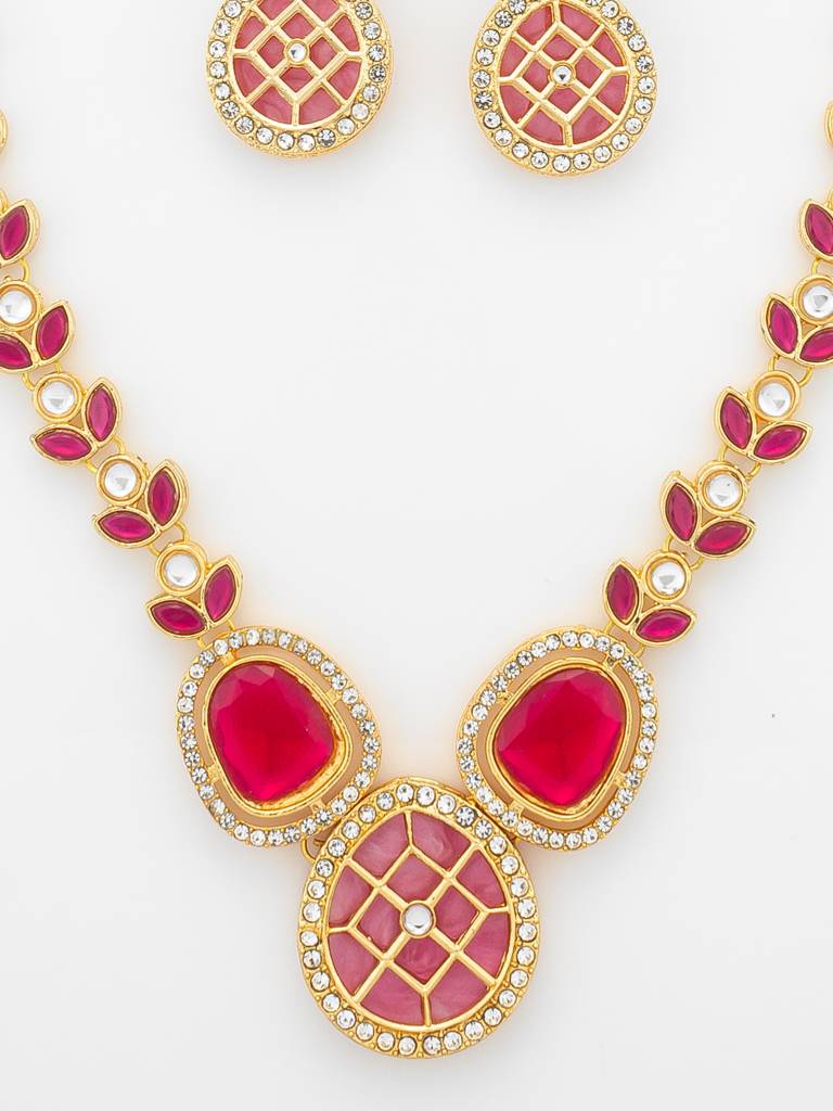 Gold-Plated Kundan Necklace Set With Ruby Red Stones And Pearl Strand : NK4916