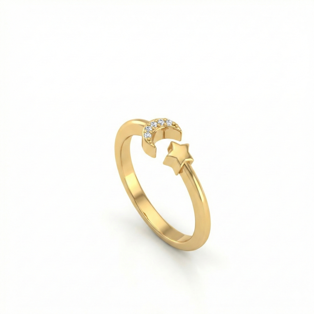 Gold-Toned Crescent Moon & Star Ring For Women | Stylish 925 Silver Celestial Jewelry | Adjustable : R130G