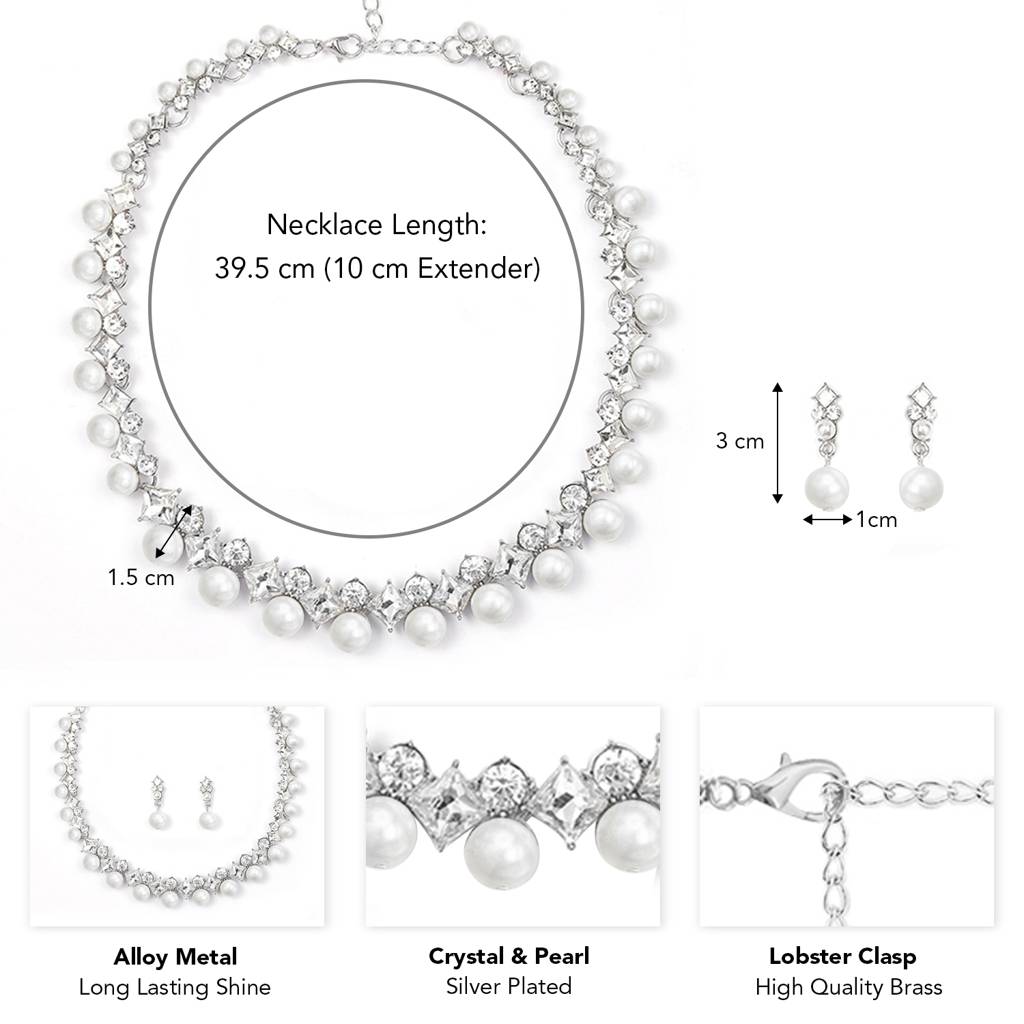 Silver Plated Crystal & Pearl Studded Necklace And Drop Earring Jewellery Set Gift For Women : PX9N130